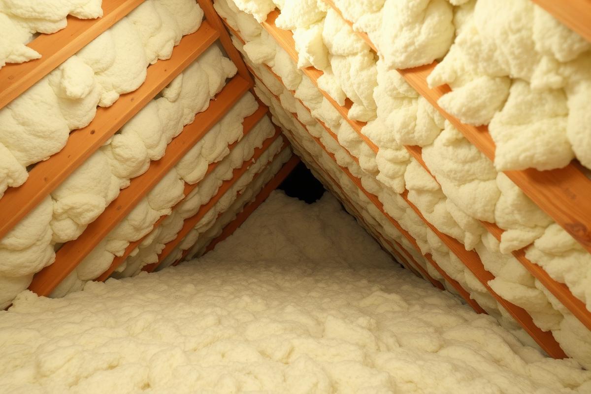 Attic interior showing insulation and roof decking