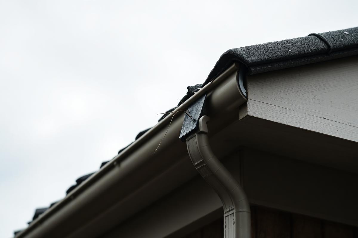 Hail-dented gutter and shingles on a home after a storm