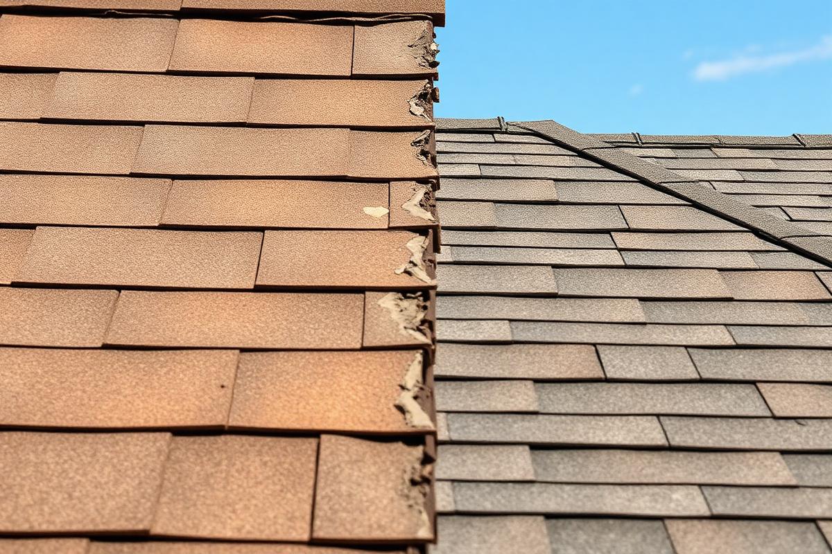 Worn shingles next to newly installed shingles on a roof