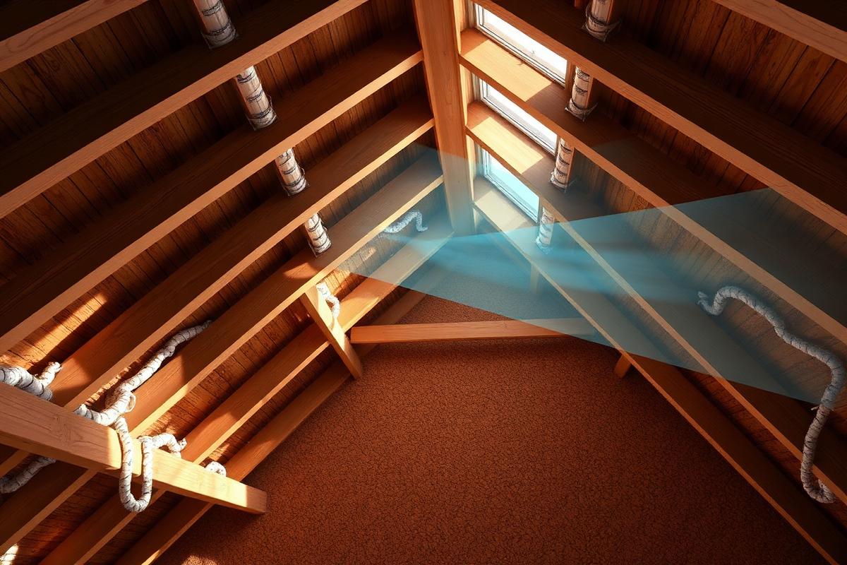 Attic interior showing rafters, insulation and ventilation airflow