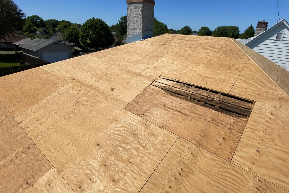 Exposed roof decking during a tear-off with damaged sheathing