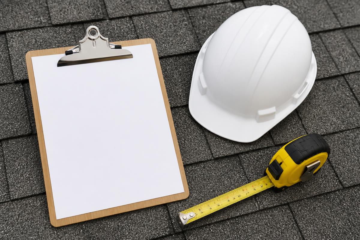Blank roofing estimate clipboard, hard hat and tape measure on shingles
