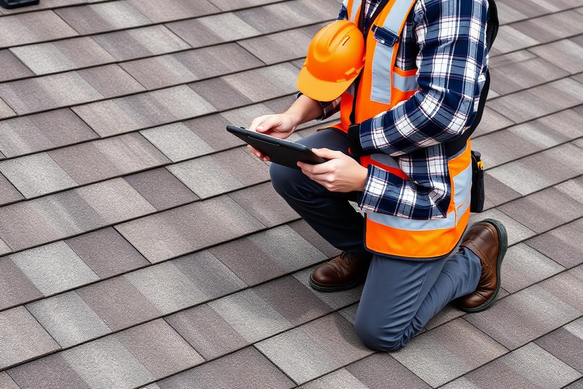 Roofing inspector documenting conditions on a residential roof