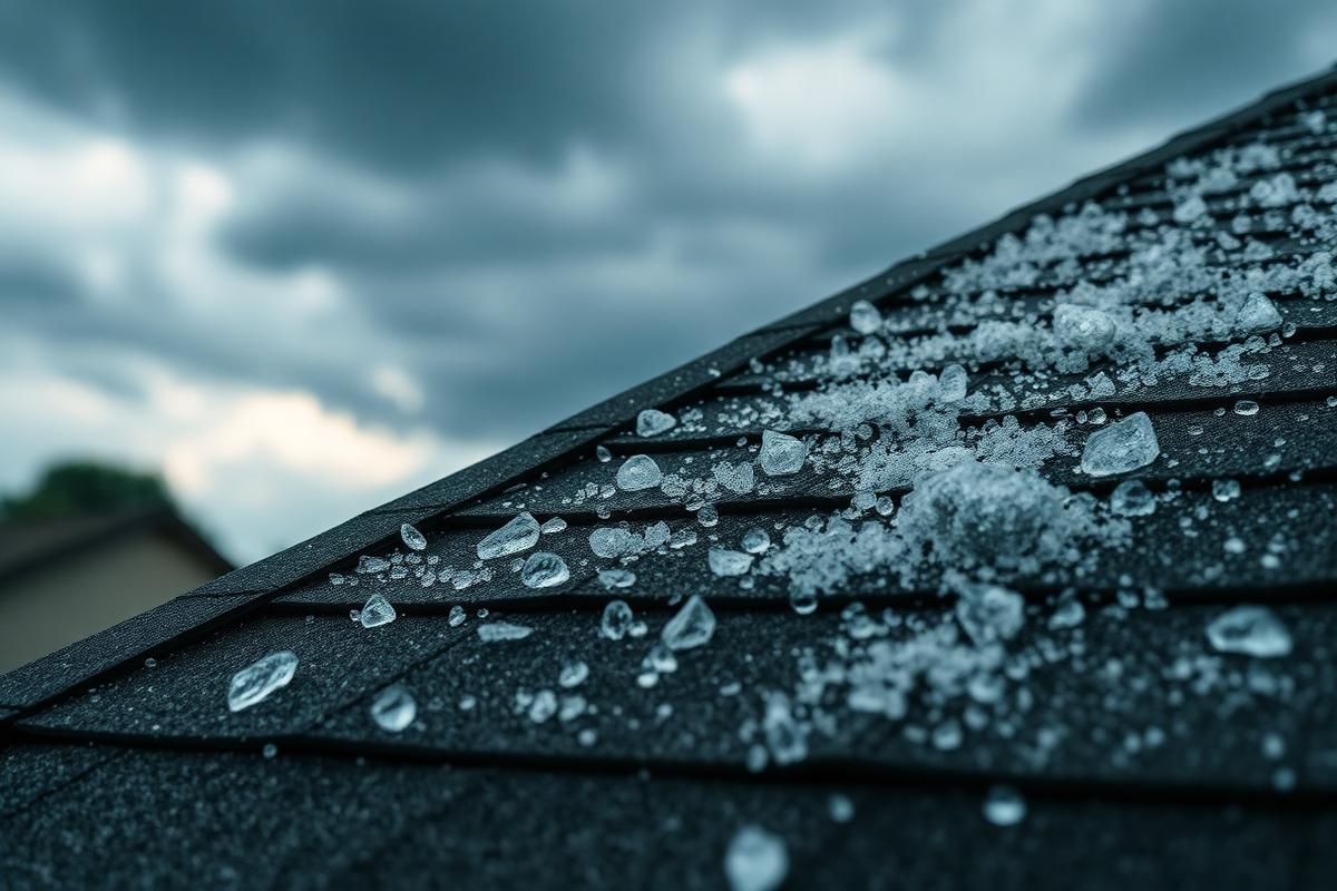 Hailstones resting on a damaged asphalt shingle roof after a Colorado hailstorm
