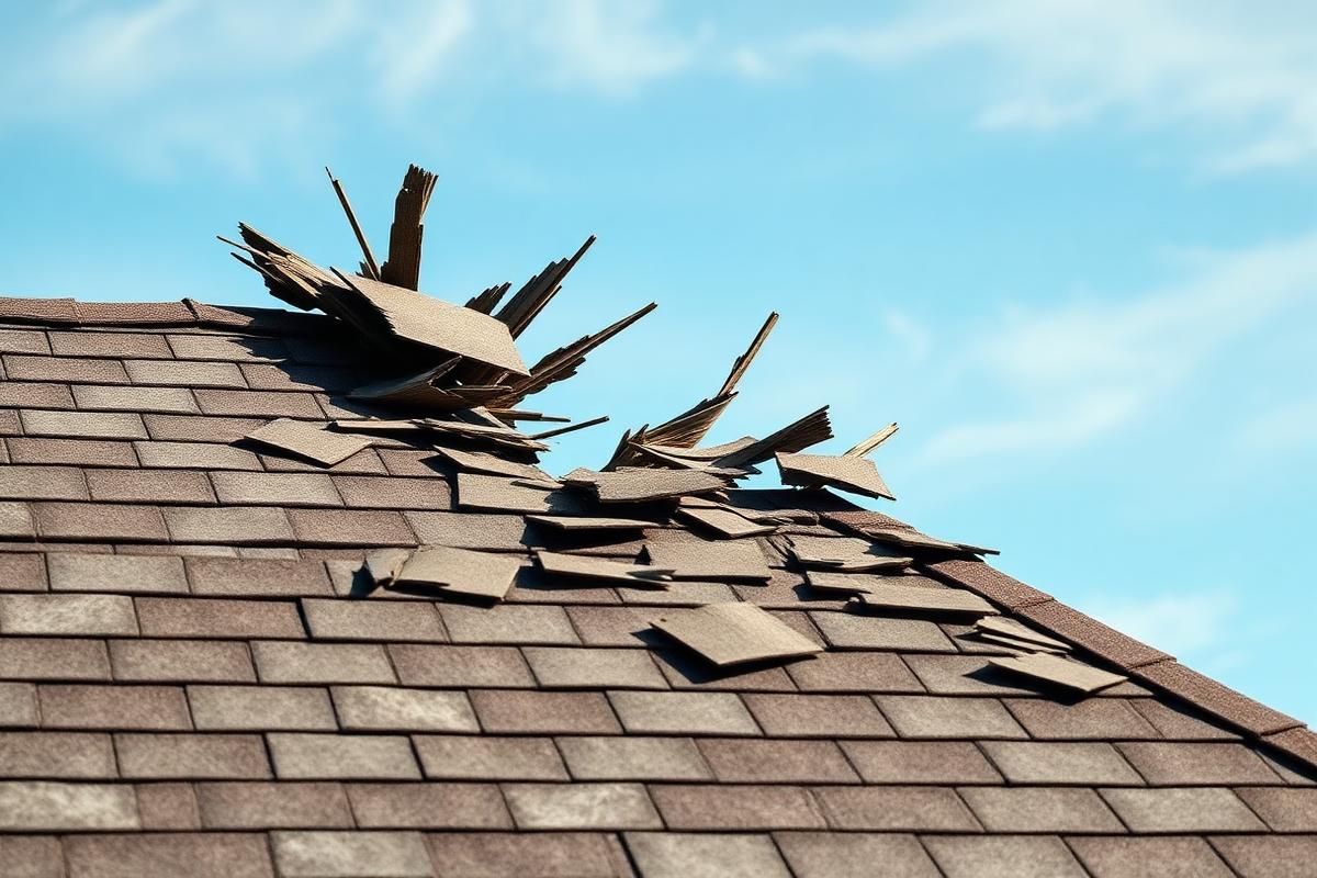 Wind-lifted shingles along a roof ridge after a Colorado windstorm